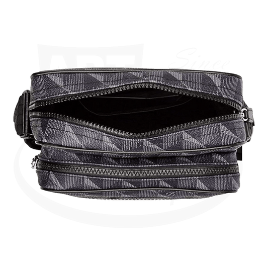 S.T. Dupont Monogram 3D 91305 navy leather reporter bag featuring Diamond Head pattern, multiple zippered compartments, top view showing organized interior pockets