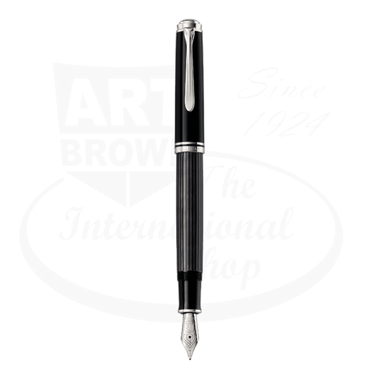 Pelikan Souverän M805 Stresemann fountain pen in black-anthracite cellulose acetate with rhodium-plated gold nib and palladium trim, striped barrel design