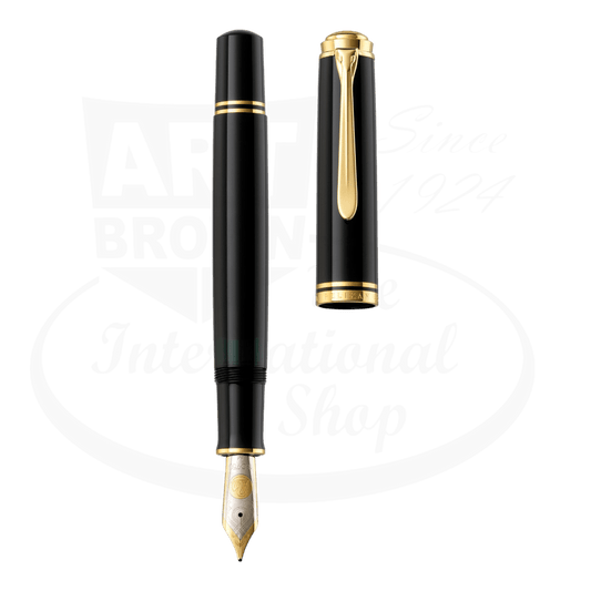 Pelikan Souverän M800 Black fountain pen with resin body, gold-plated trim, bi-color 14k gold nib and double ring design