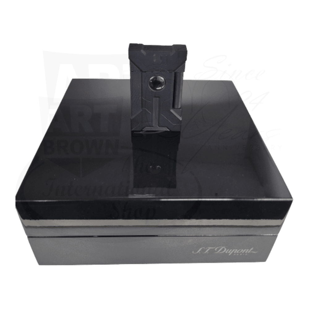 S.T. Dupont Line 2 ACT 016149 solid black lacquer soft flame lighter with futuristic armor design on black display case
