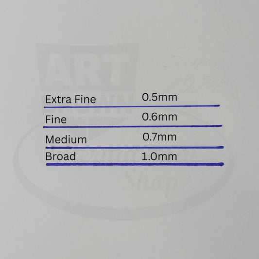 Art Brown Rollerball Refills for ST Dupont Pens in blue ink showing line thickness from 0.5mm to 1.0mm