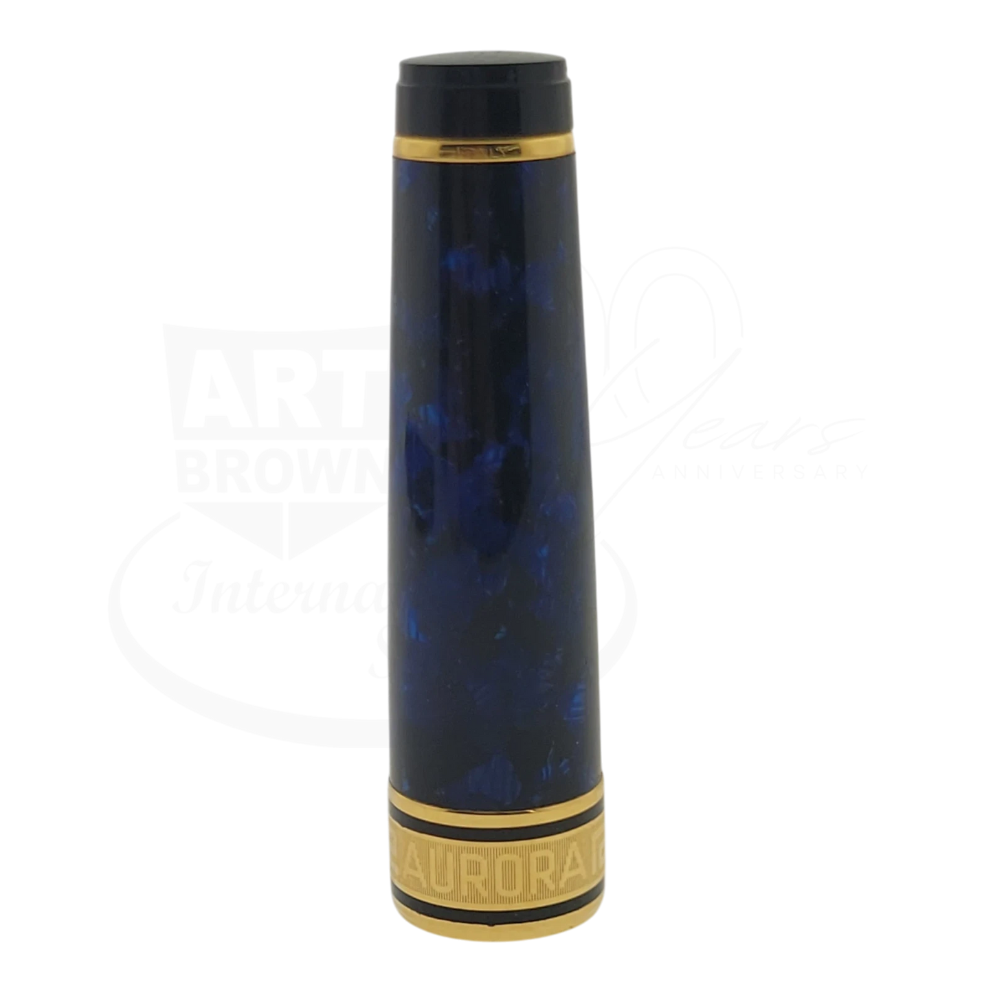 Aurora Optima Auroloide fountain pen cap in blue resin with gold trim and engraved branding band design