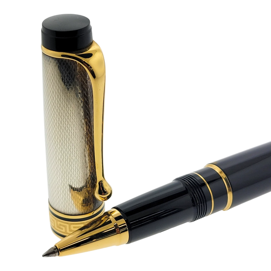 Preowned Aurora Optima Black & Sterling Silver Barley Grain Rollerball Pen