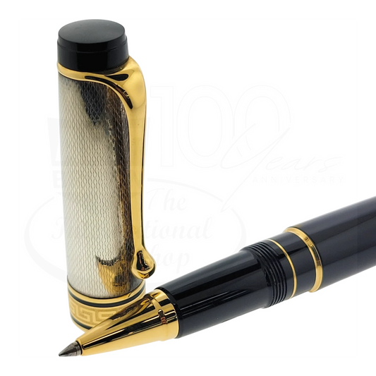 Preowned Aurora Optima Black & Sterling Silver Barley Grain Rollerball Pen