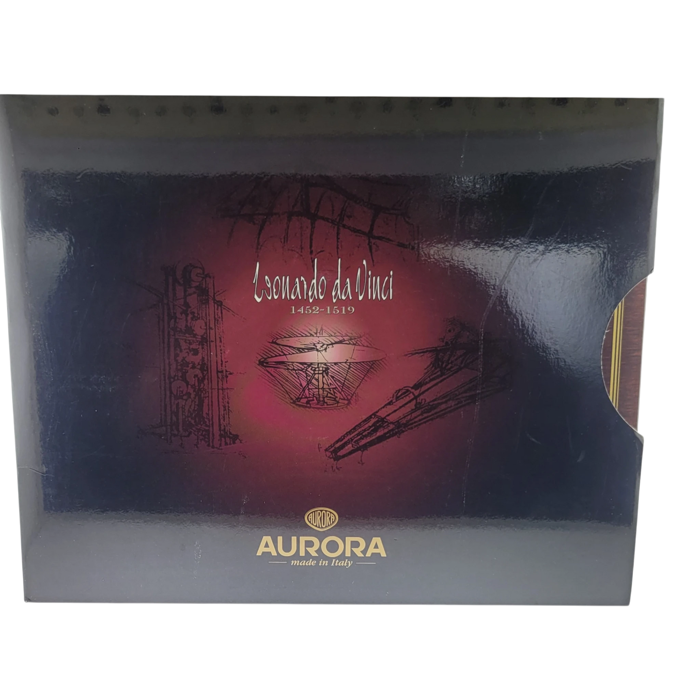 Preowned Aurora Limited Edition Leonardo Da Vinci Fountain Pen packaging box featuring Da Vinci sketches and logo design