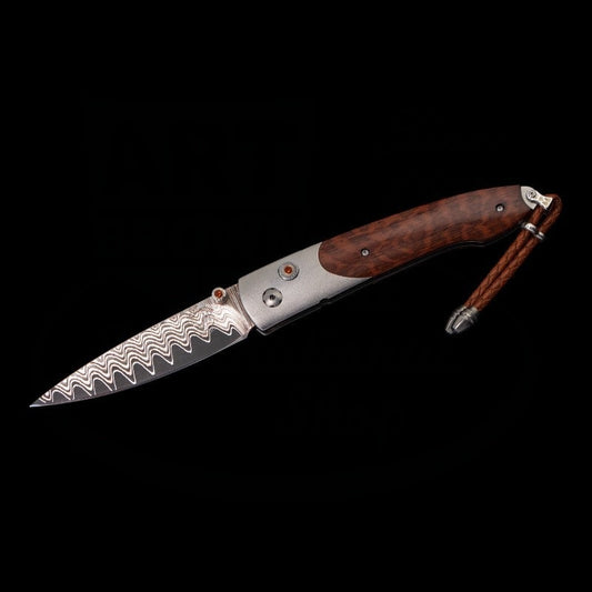 William Henry Lancet Red Hills folding knife with snakewood handle, titanium frame, damascus steel wave pattern blade, citrine accents