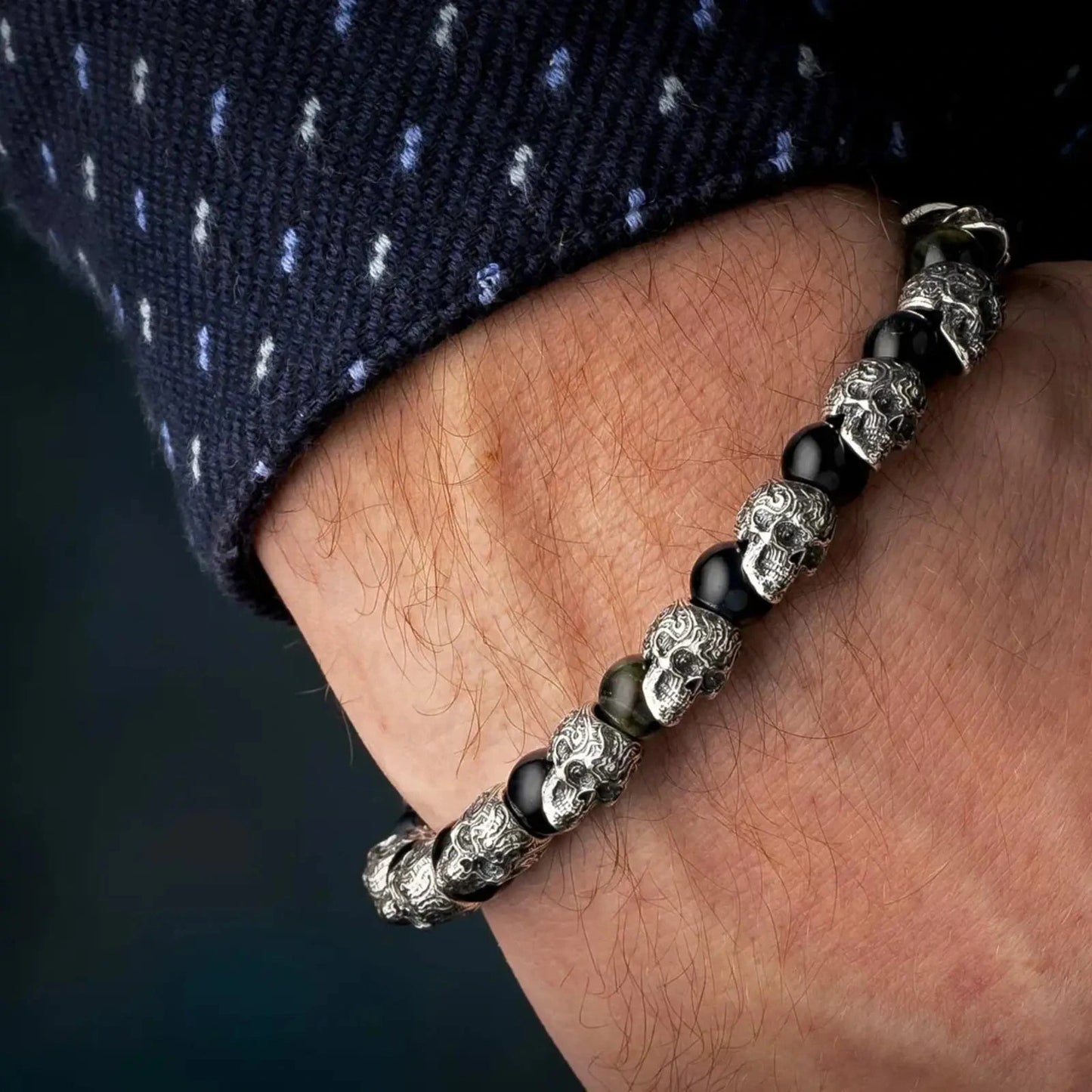 William Henry Hawkeye Sterling Silver Bracelet with Blue Tigers Eye Beads