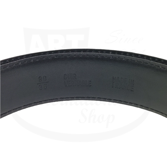 S.T. Dupont Black Line D leather belt interior view showing size markings, made in France stamp, and stitched edge detailing on smooth black leather surface