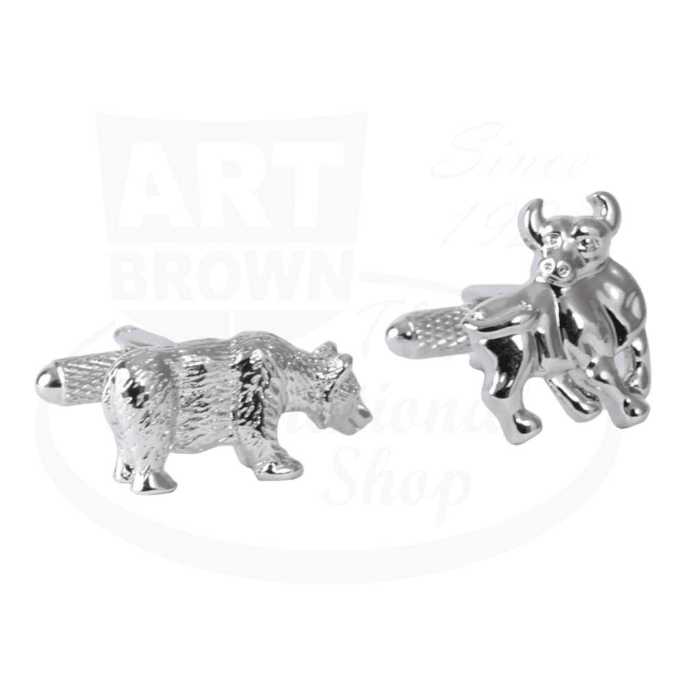 Art Brown stainless steel bull and bear stock market cufflinks featuring detailed silver-tone animal designs, one charging bull and one walking bear figurine