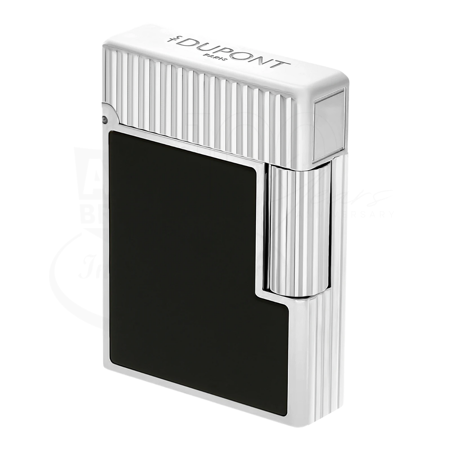 S.T. Dupont Ligne 1 lighter with black lacquer panel, vertical guilloche lines, and polished silver-tone finish
