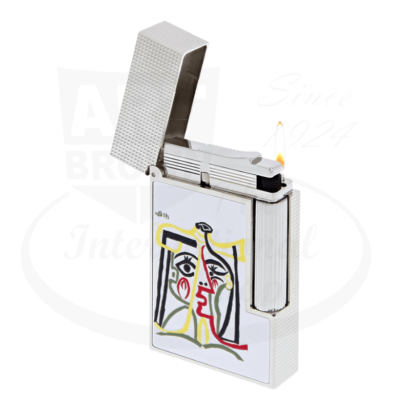 ST Dupont Ligne 2 C16001 Picasso lighter in white lacquer and palladium, featuring artistic portrait design with textured metallic finish and double flame mechanism