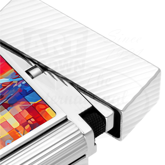 Close-up of the S.T. Dupont Line 2 Graff'ty lighter, showcasing the detailed multicolor lacquer and palladium finish.