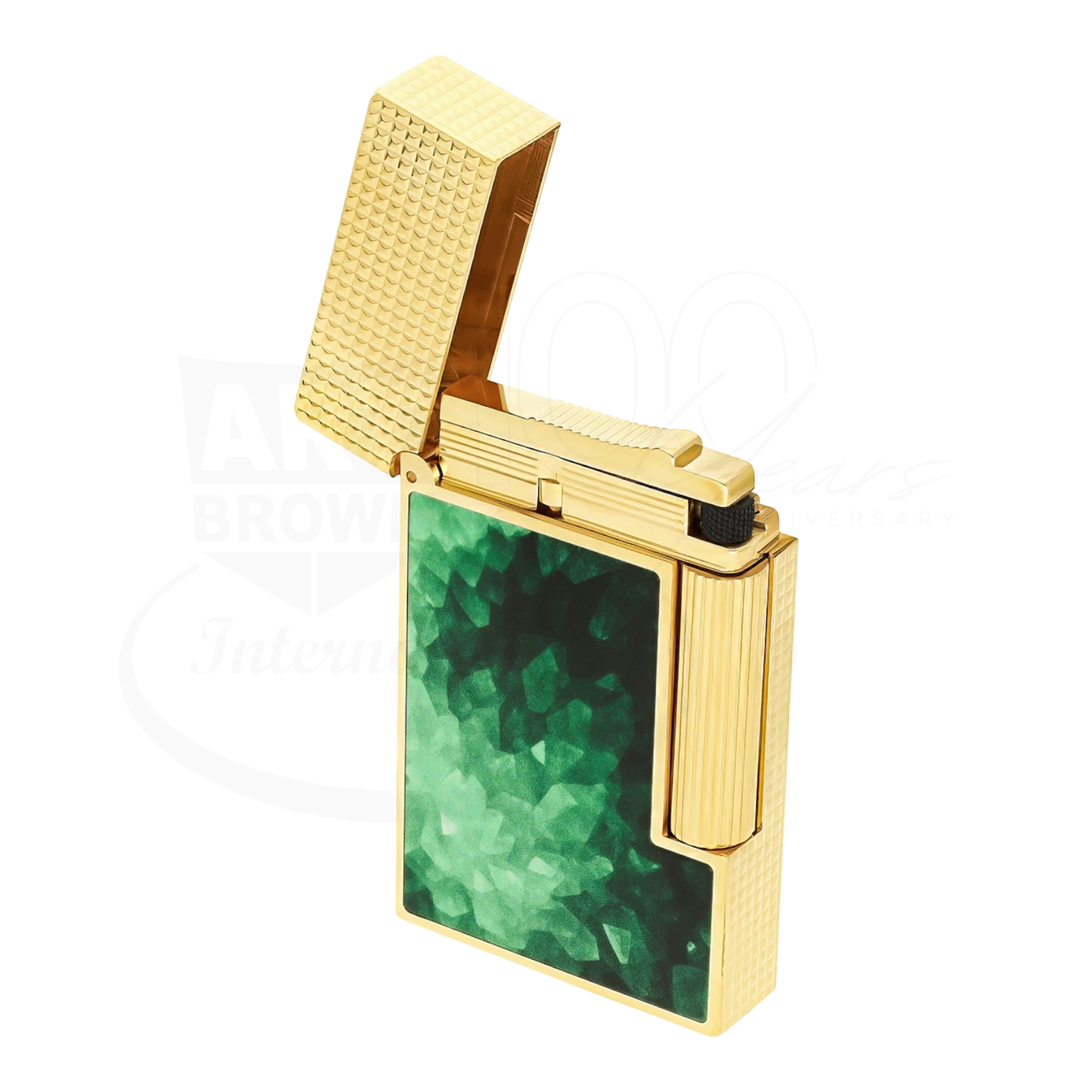 S.T. Dupont Ligne 2 lighter with soft flame, gold plated body, and green geode stone finish on front panel
