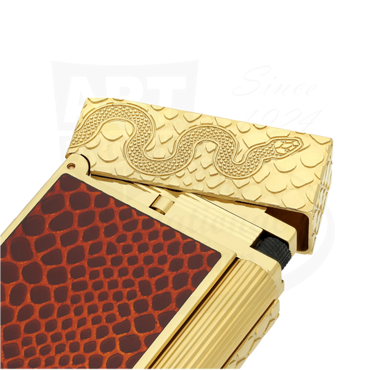 Close up of red lacquer and guilloche on new S.T. Dupont snake lighter.