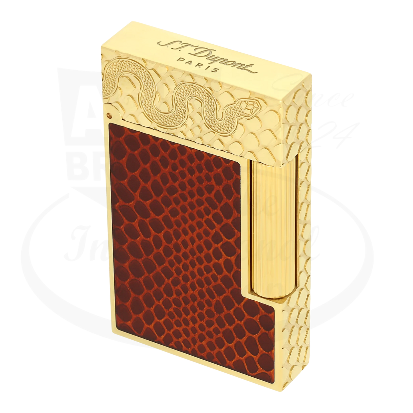 S.T. Dupont ligne 2 lighter with red snake scale guilloche, seen from an angle.