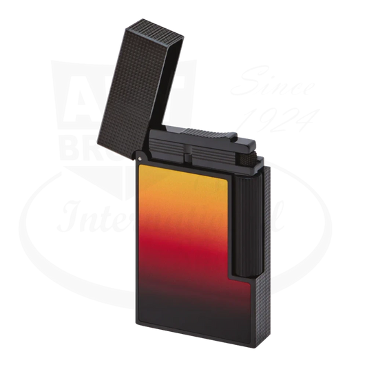 S.T. Dupont Line 2 La Flamme lighter showcasing red and orange gradient lacquer with lid open.