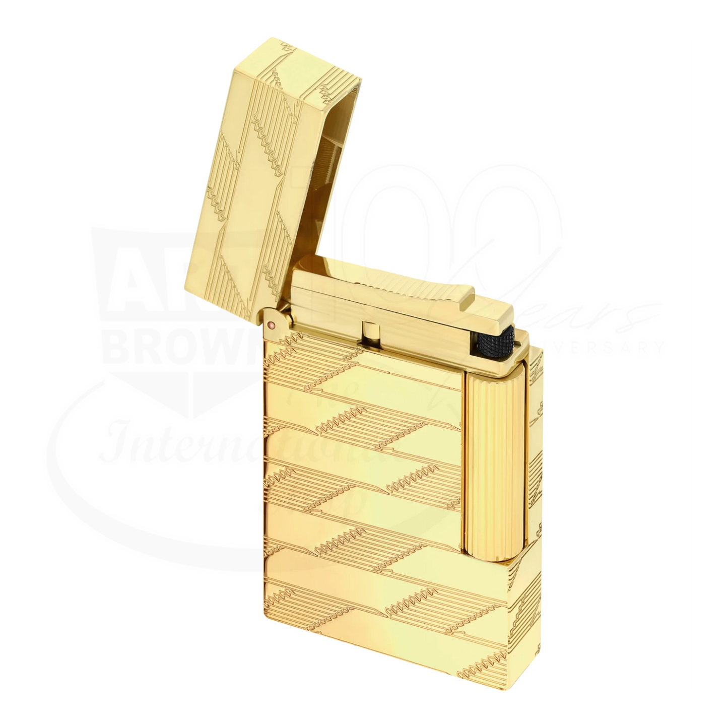 Luxury gold cigar lighter with intricate guilloche pattern and open lid, elegant and refined design for collectors or gifts