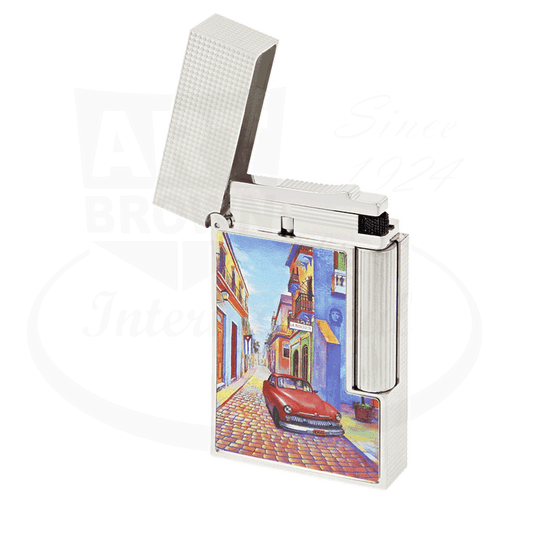 S.T. Dupont Ligne 2 C16389 platinum-finish lighter featuring Havana street scene with vintage car artwork, textured diamond head pattern, hinged lid
