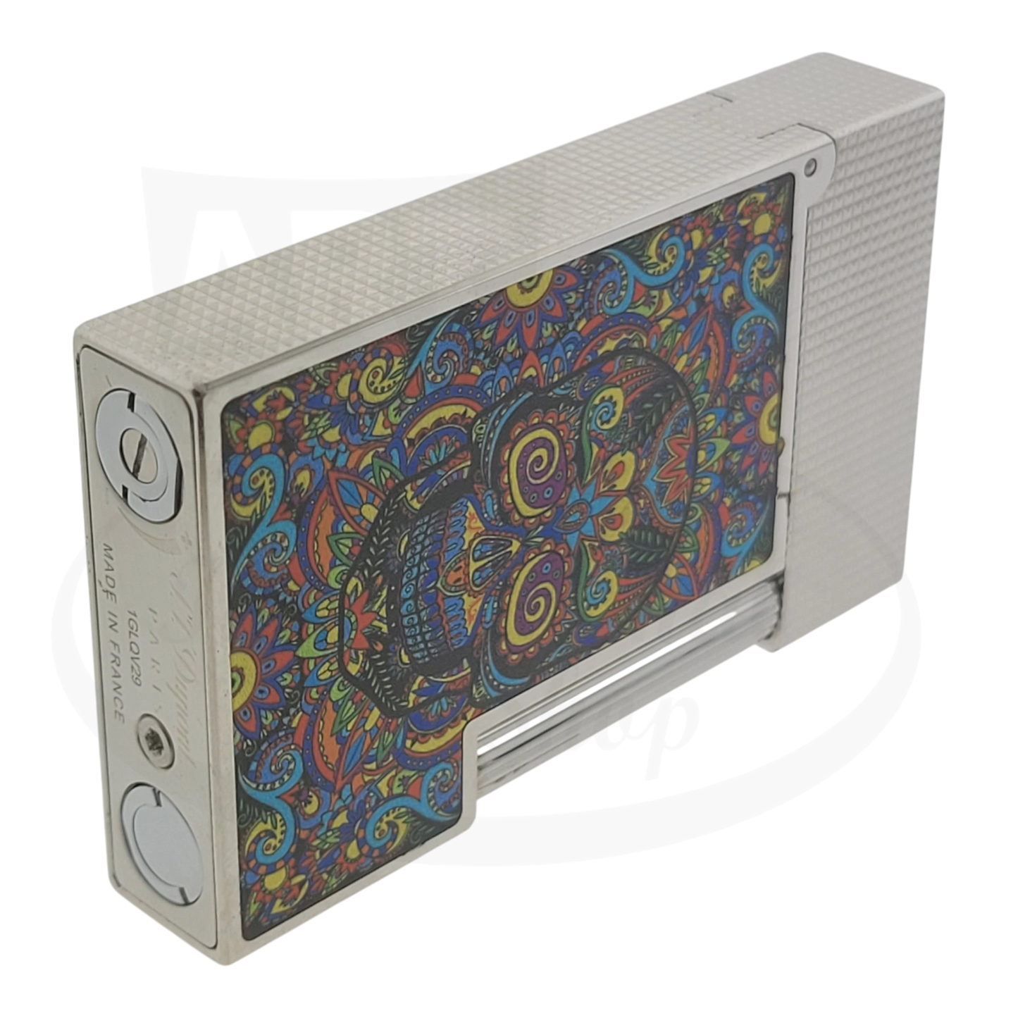 S.T. Dupont Ligne 2 C16393-D1 silver microdiamond lighter with colorful skull design and vivid Mexican art panel