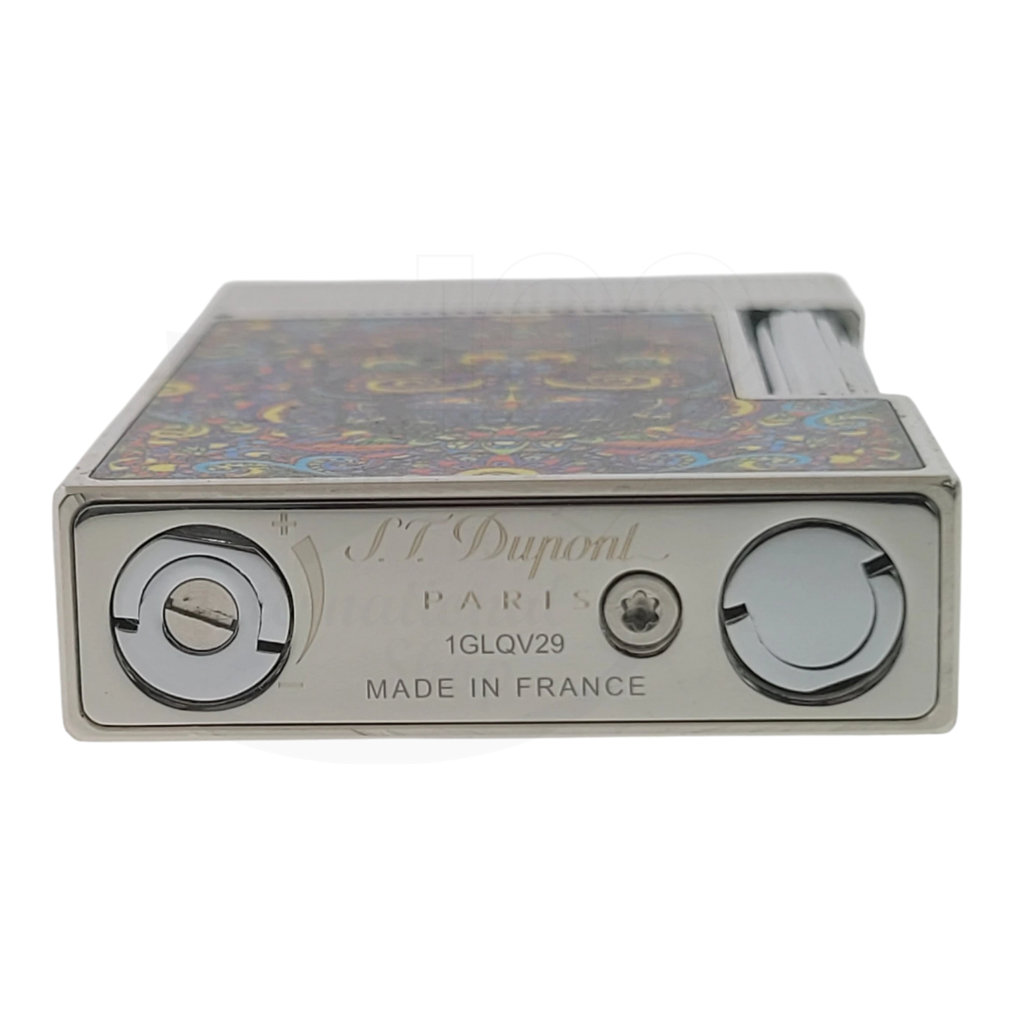 S.T. Dupont Ligne 2 C16393-D1 silver microdiamond lighter with colorful Mexico pattern soft flame bottom view close-up