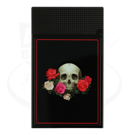 S.T. Dupont Ligne 2 C16394 black lacquer lighter featuring skull and roses design, textured top panel, red border frame on smooth base panel