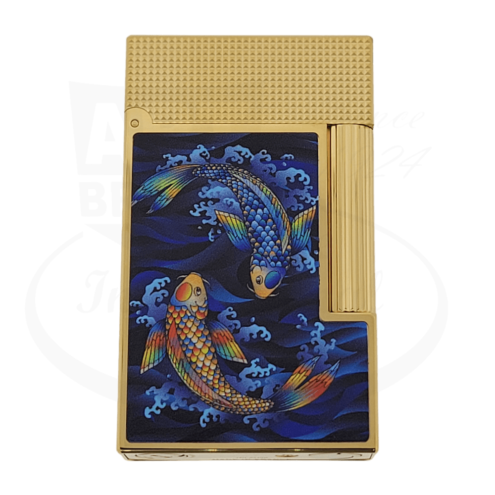 S.T. Dupont Ligne 2 C16397 brass lighter, gold-finished with lacquered koi fish design in blue and orange swimming against dark waves, diamond-head pattern top