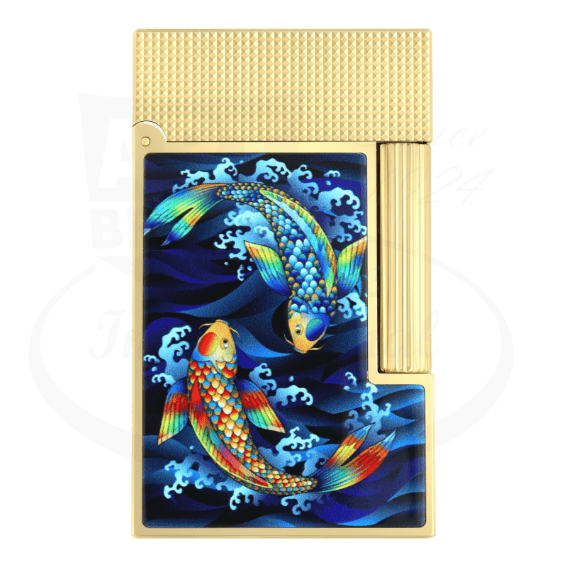 S.T. Dupont Ligne 2 C16397SH brass lighter featuring Japanese koi fish design in blue and red enamel against waves on shiny gold textured case