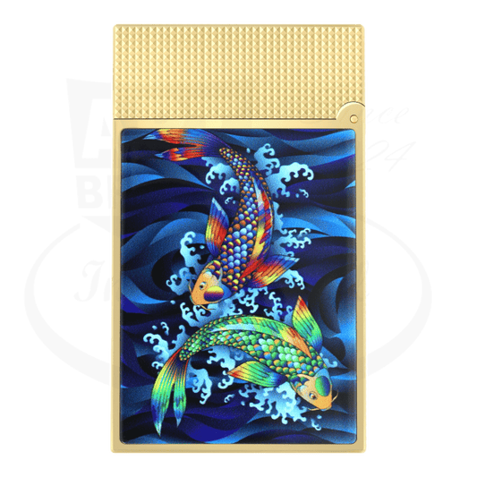 S.T. Dupont Ligne 2 C16397SH brass lighter featuring vibrant Japanese koi fish design in blue, orange, and green against dark waves with textured gold case