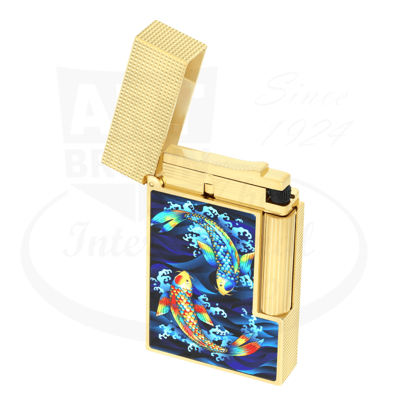 S.T. Dupont Ligne 2 C16397SH brass lighter in shiny gold finish featuring Japanese koi fish art panel in vibrant blue and orange against textured case