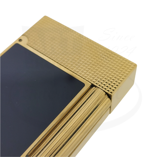 S.T. Dupont Ligne 2 C16457-D1 luxury lighter in blue lacquer and gold finish, featuring microdiamond guilloche pattern, display model with original box