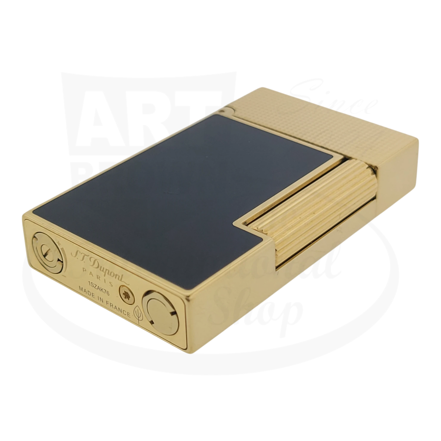 S.T. Dupont Ligne 2 C16457-D2 lacquer-gold luxury lighter featuring blue lacquer panel, guilloche pattern, and gold-plated brass body with signature cling mechanism