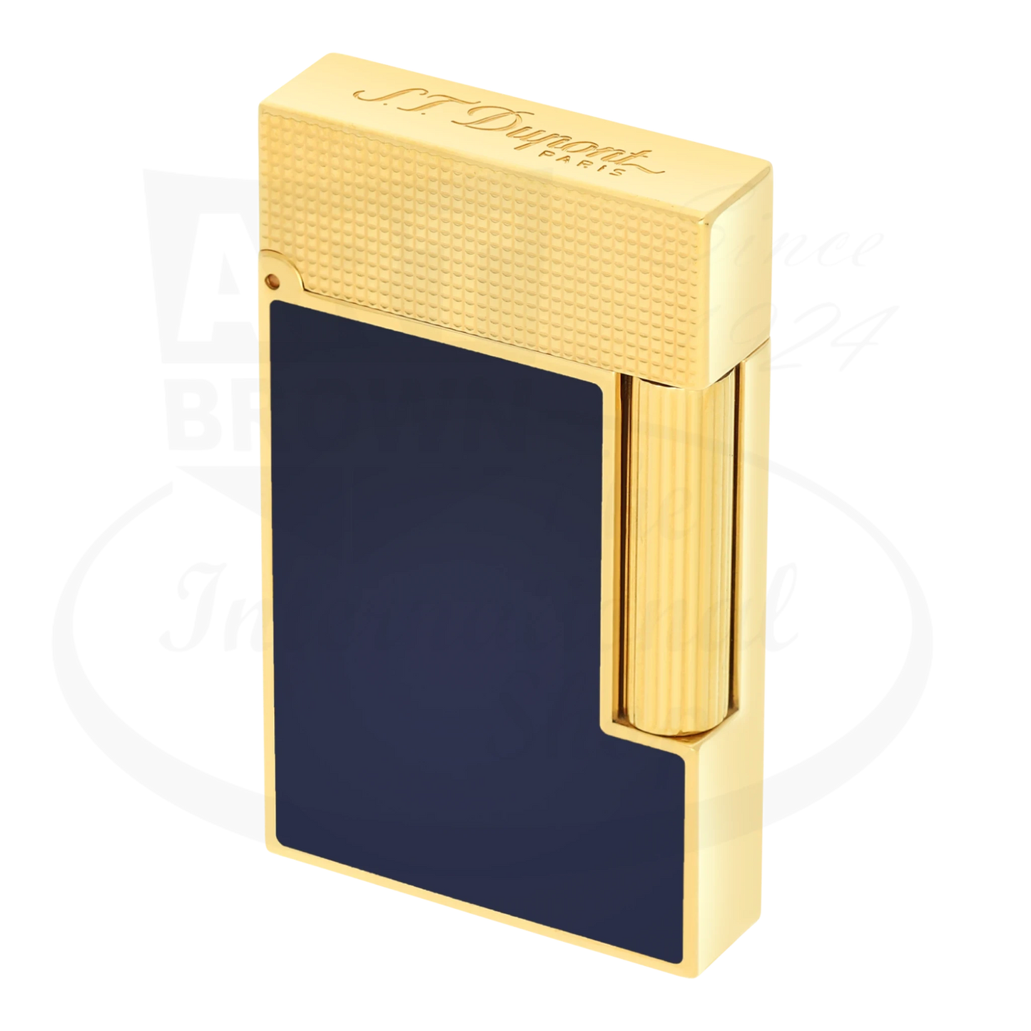 S.T. Dupont Ligne 2 Perfect Cling Blue Lacquer and Gold C16457 luxury lighter with guilloche gold detailing and blue lacquer panel