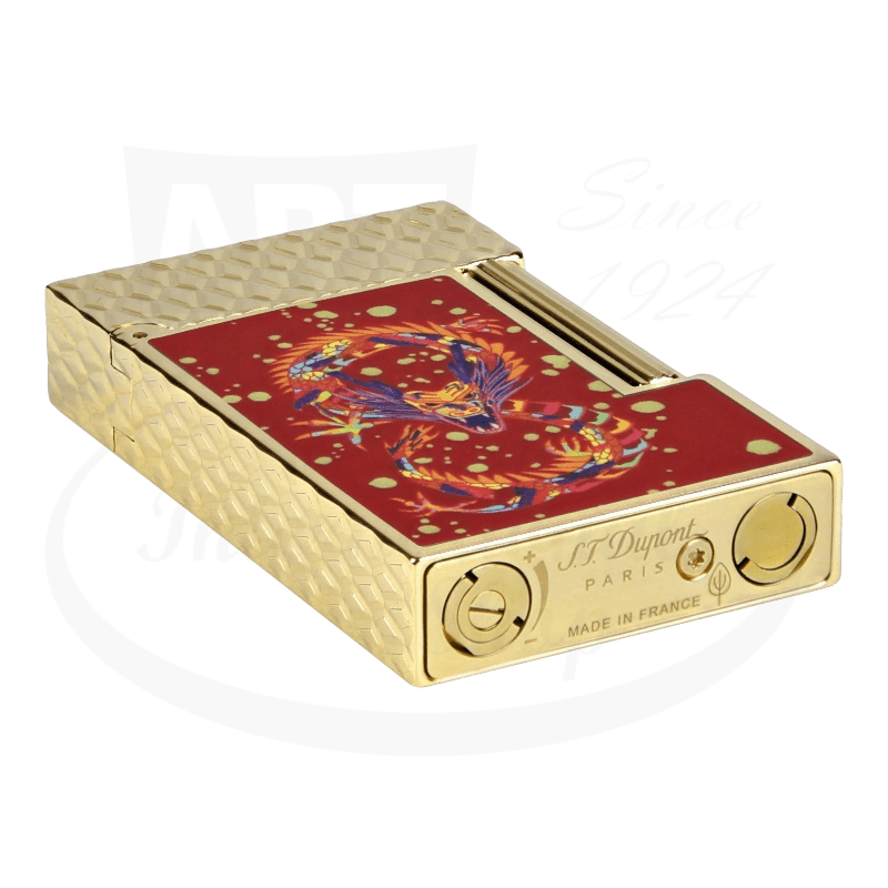 S.T. Dupont Ligne 2 Dragon C16526 - Gold-plated metal lighter with burgundy lacquer panel featuring dragon design, textured diamond pattern case
