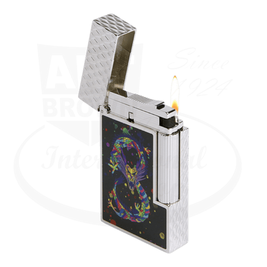 S.T. Dupont Ligne 2 Dragon C16527 palladium-plated lighter with black lacquer finish, guilloche dragon scales pattern, colorful dragon artwork, lit flame