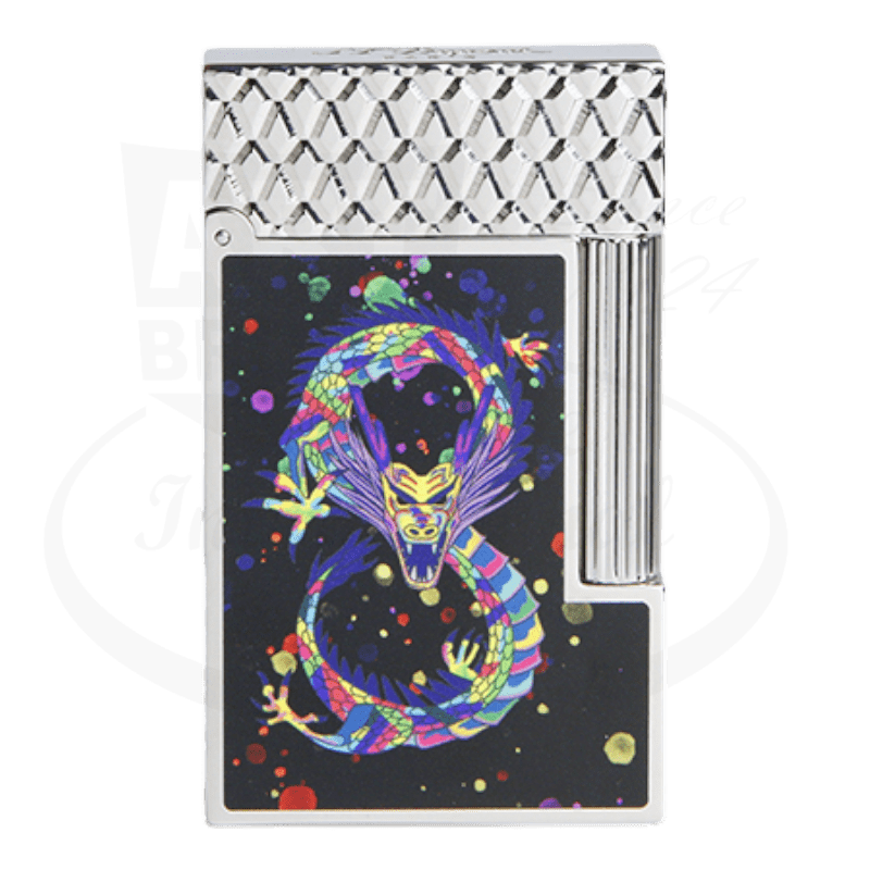 ST Dupont Ligne 2 C16527 Dragon lighter, palladium-plated metal with black lacquer finish, featuring colorful dragon artwork on guilloche diamond pattern body
