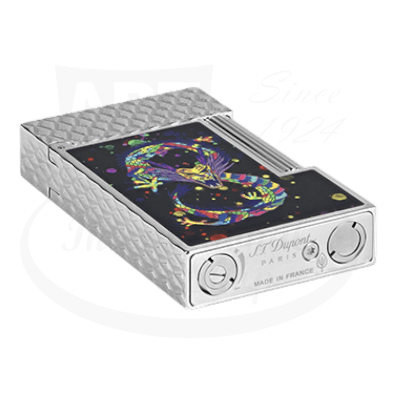 S.T. Dupont Ligne 2 C16527 Dragon Limited Edition lighter in black lacquer and palladium, featuring guilloche scales pattern and colorful dragon artwork on black background