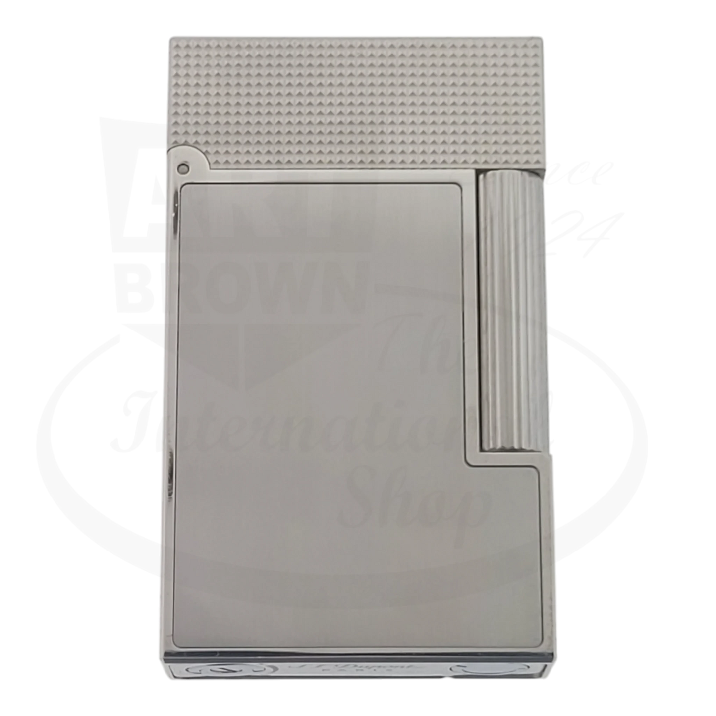 S.T. Dupont Ligne 2 perfect ping lighter with brushed palladium finish and diamond head guilloche.