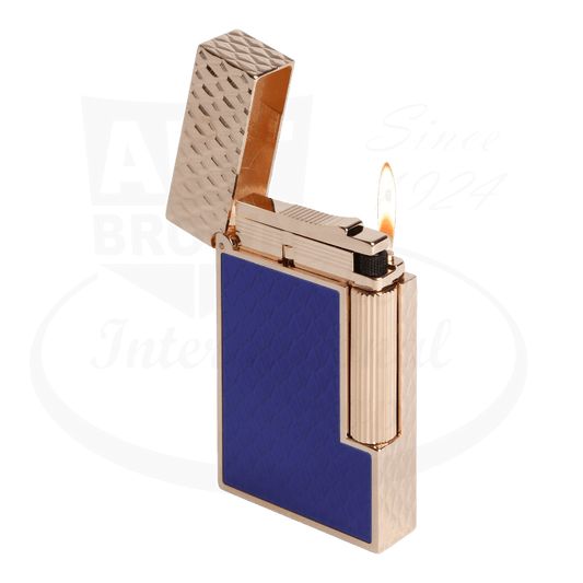 S.T. Dupont Ligne 2 Dragon C16632 - Rose gold metal lighter with brilliant blue lacquer panels and guilloche dragon scale pattern, flame lit