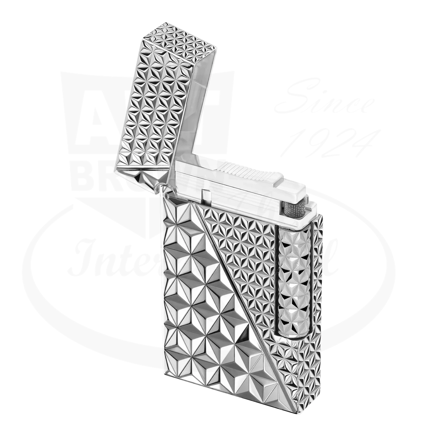 S.T. Dupont Ligne 2 Perfect Cling Double Fire X Palladium C16645 palladium lighter with geometric guilloche engraving and open lid