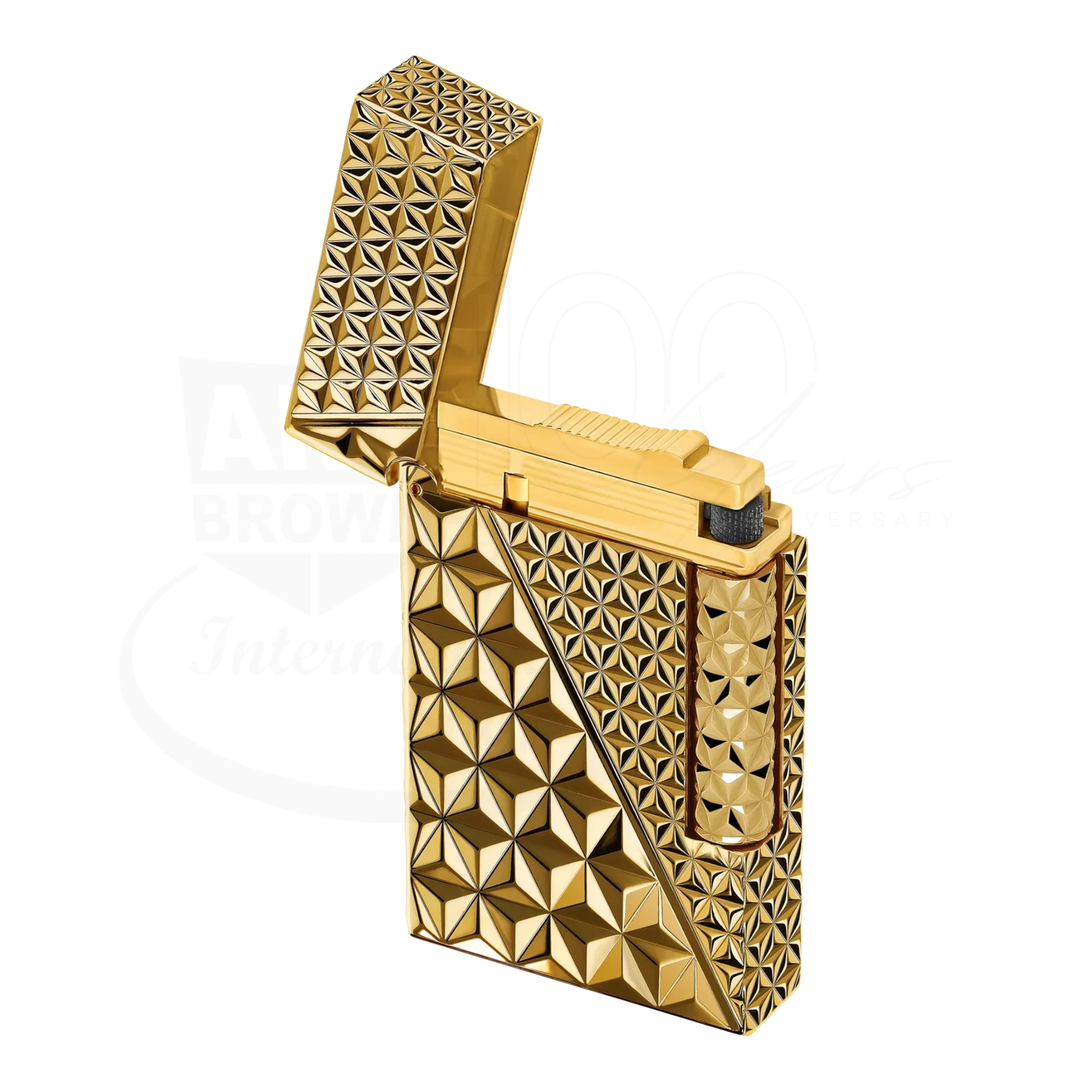 S.T. Dupont Ligne 2 Perfect Cling Double Fire X Gold, C16646 gold metal lighter with guilloche firehead pattern and open lid