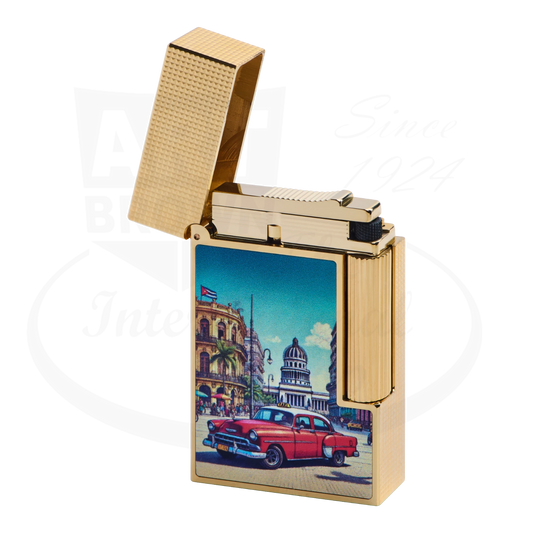 S.T. Dupont Ligne 2 C16656 gold lighter with Havana street scene and Cuban flag printed lacquer design