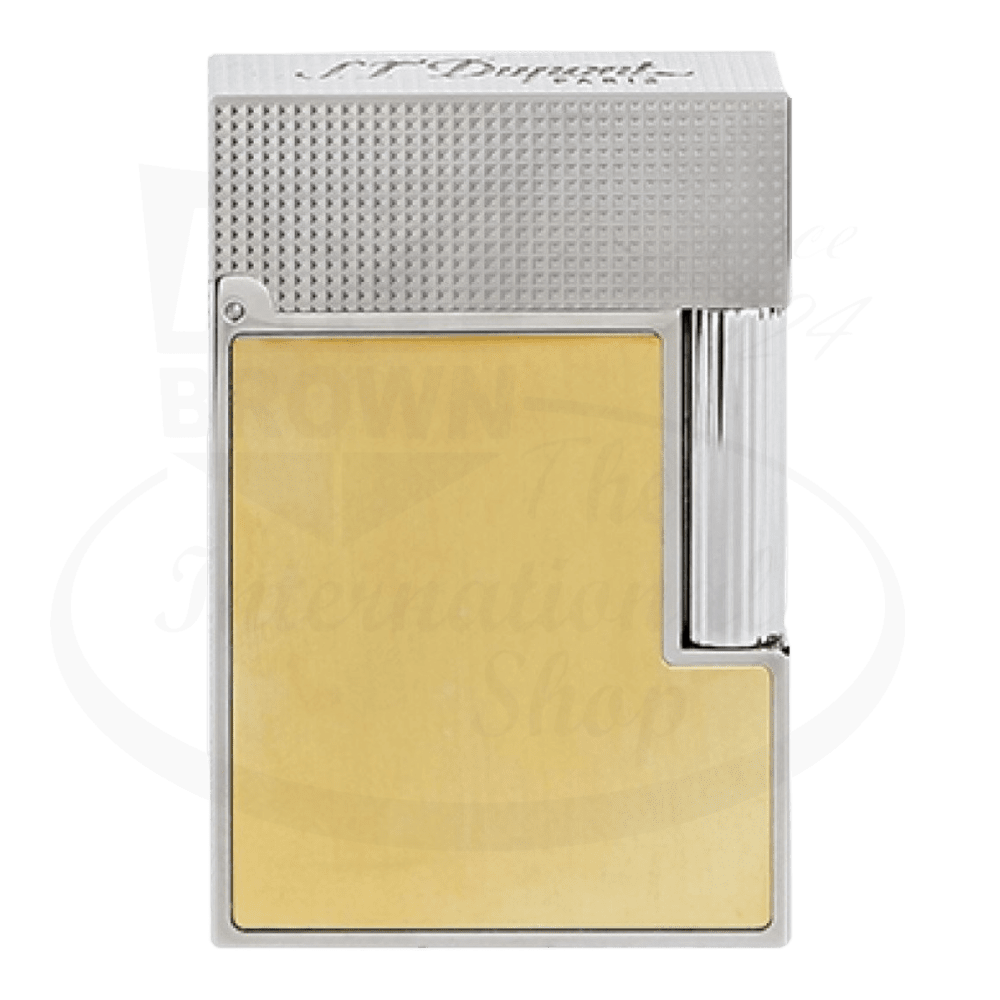 S.T. Dupont Ligne 2 C18601 brass lighter with gold brushed finish, diamond head pattern, silver textured top, rectangular design, 57x37mm