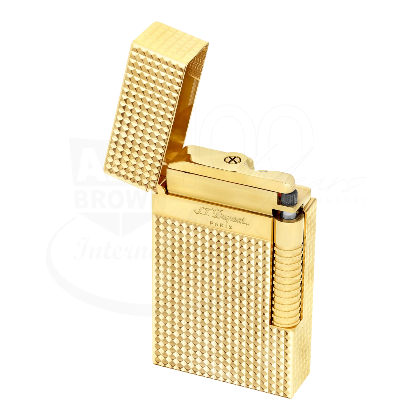 Luxury yellow gold lighter with diamond-patterned texture and open lid, elegant design for premium cigar lighting.