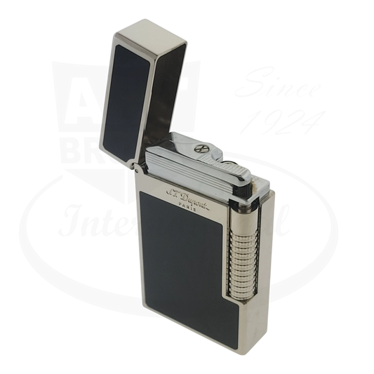 S.T. Dupont Le Grand C23010-D1 luxury lighter in black lacquer and palladium finish, featuring dual flame system and display model status, shown open