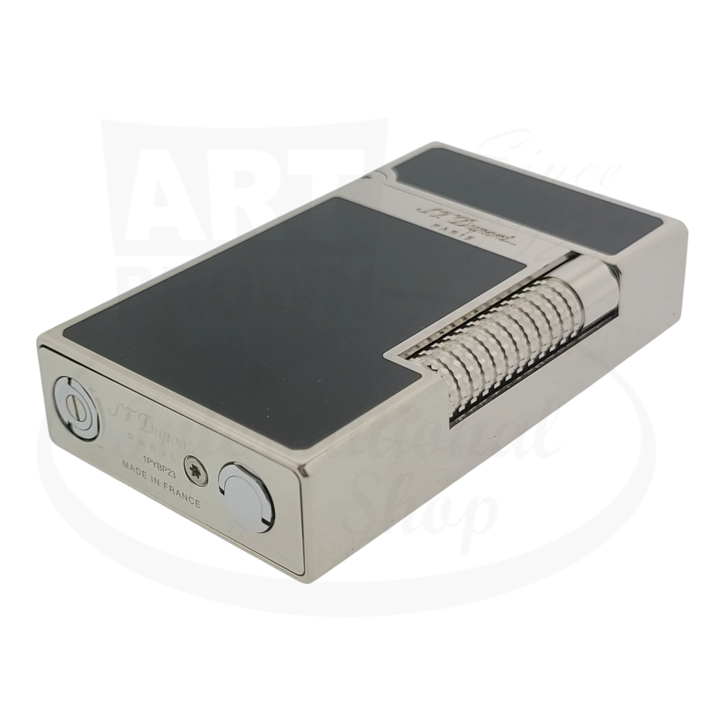 S.T. Dupont Le Grand C23010-D1 palladium-brass lighter with black lacquer finish, featuring dual flame system and ribbed ignition wheel