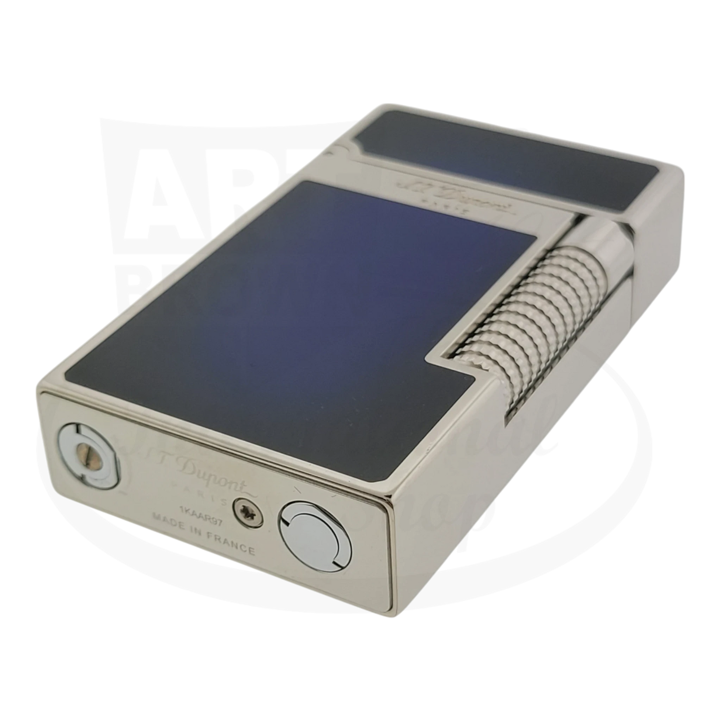 S.T. Dupont Le Grand C23013-D1 brass lighter with blue lacquer panels and palladium finish, featuring dual-flame system and distinctive ridged roller wheel