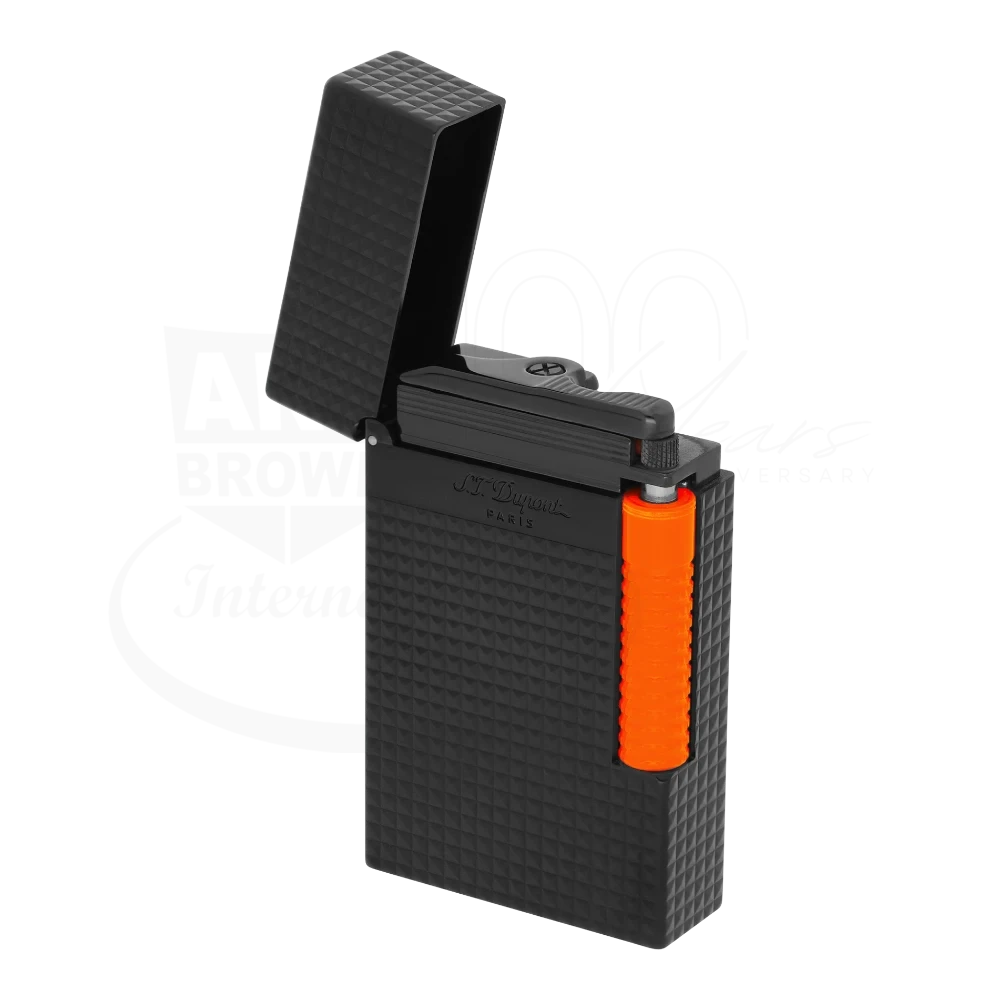 Luxury black matte lighter with textured grip and bright orange accent, sleek modern design with open lid