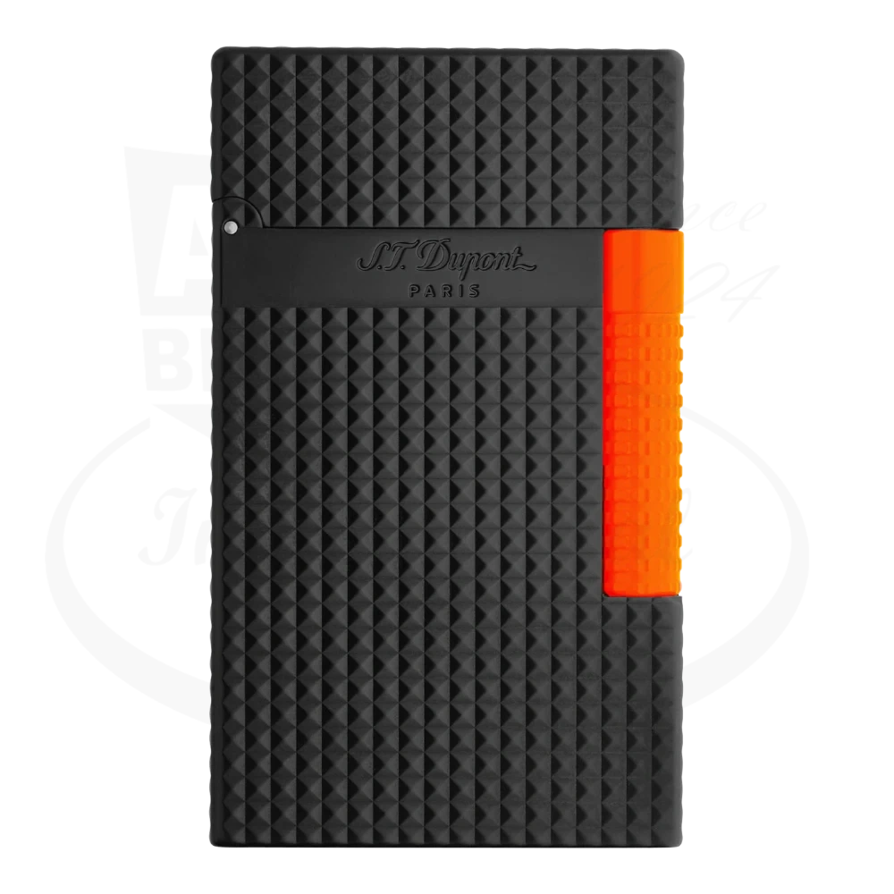 S.T. Dupont Le Grand C23069 metal lighter featuring matte black diamond-textured surface with fluorescent orange trigger, dual-flame system