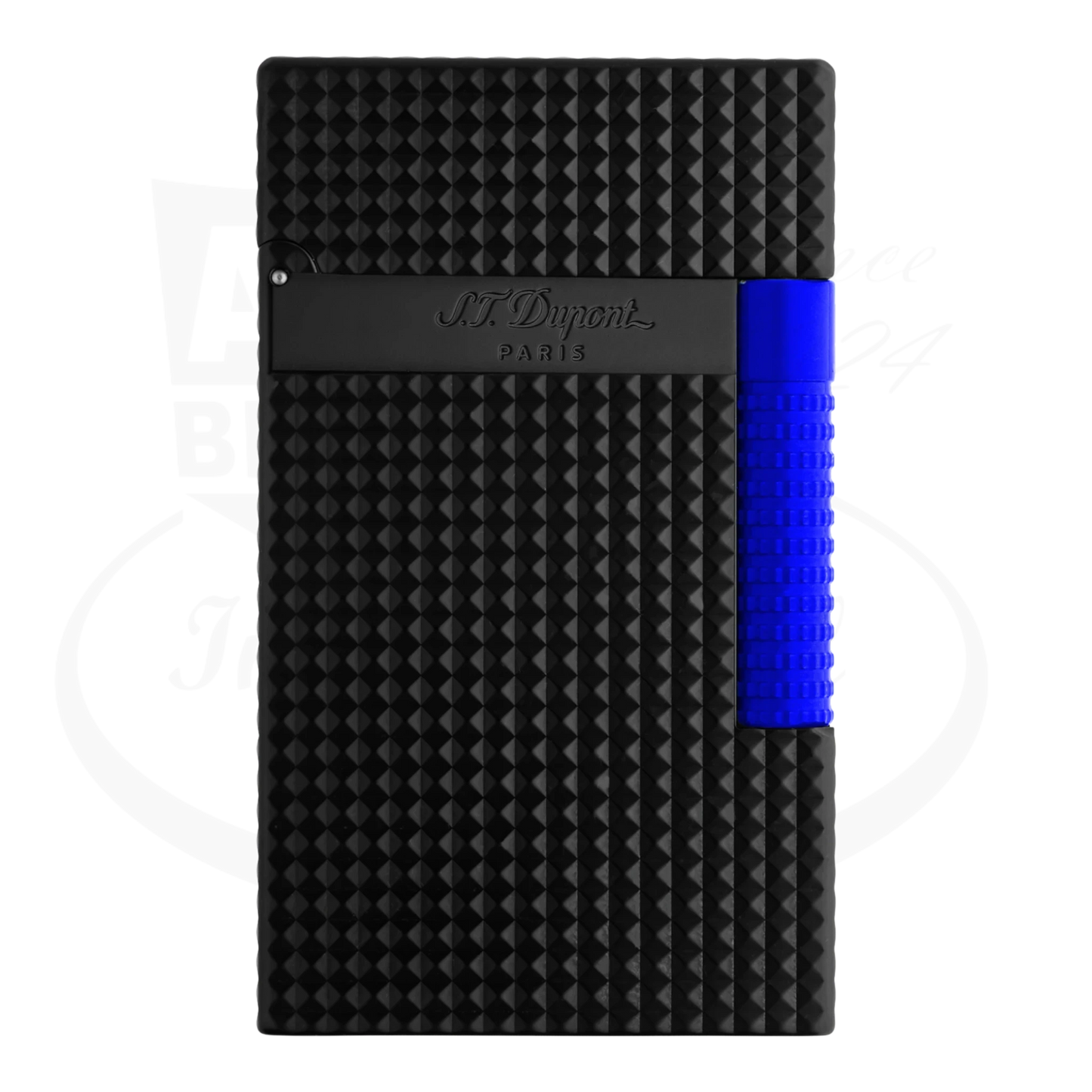 S.T. Dupont Fluo collection le grand
lighter, black and blue PVD, front view.