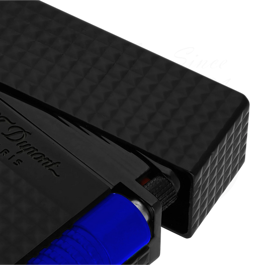 S.T. Dupont Fluo Le Grand lighter, close-up of blue roller and black PVD detail.